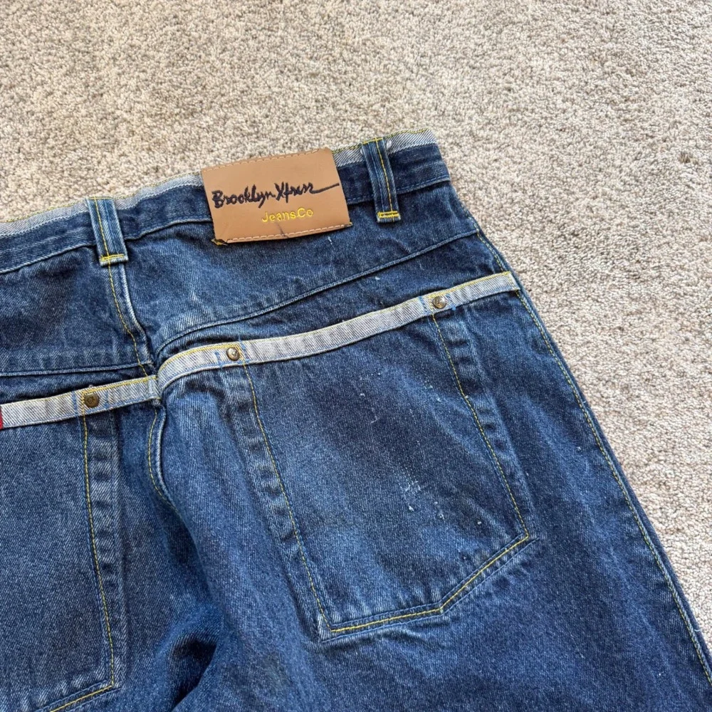 Brooklyn Xpress Jeans Co Baggy Denim Pants Blue Wide Leg Embroidered Mens 36x31
